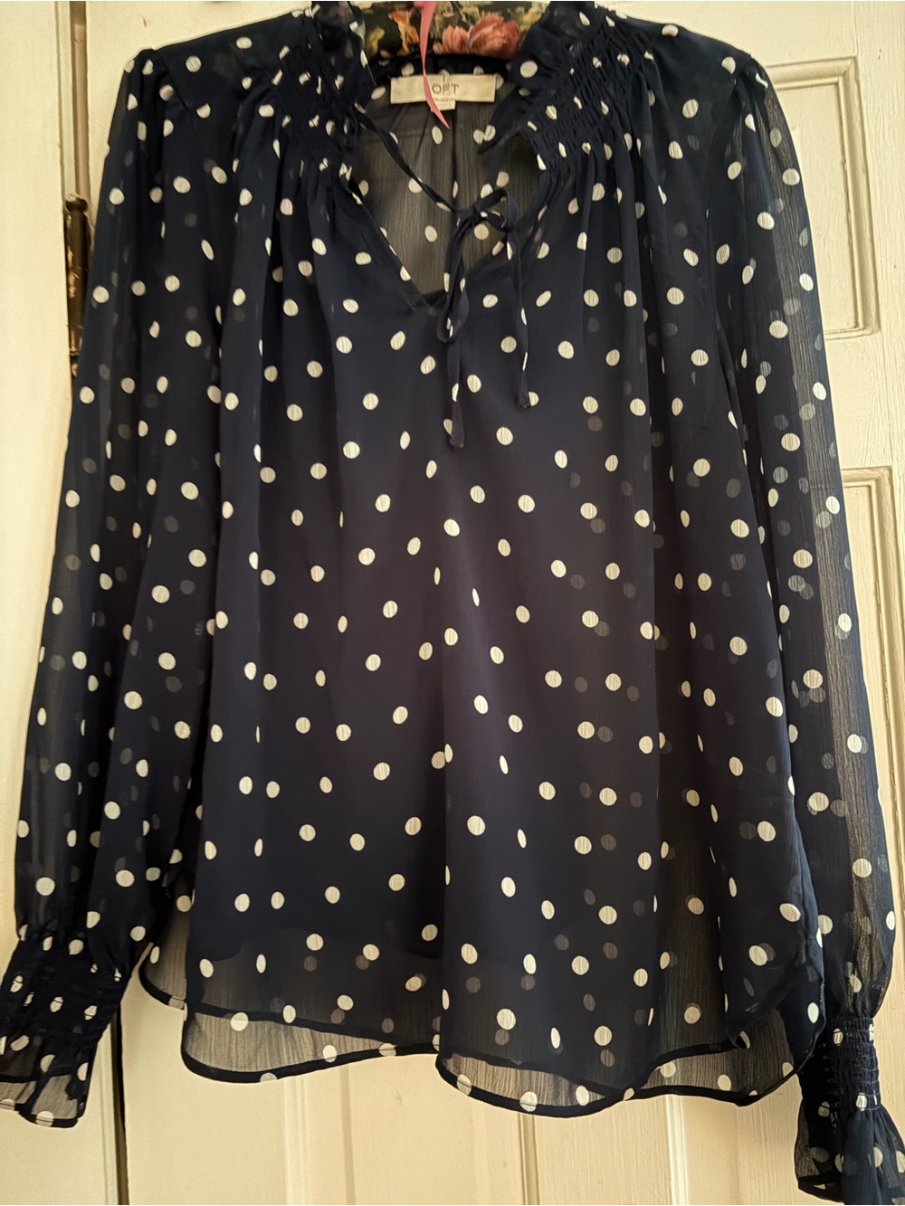 LOFT Navy and White Polka Dot Tie-Neck Blouse